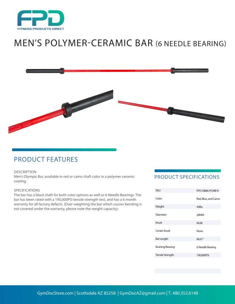 7' Ceramic Olympic Bar - 6 Needle Bearing (Red)